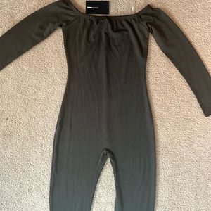 Fashion Nova olive green so I’ve heard off shoulder jumpsuit